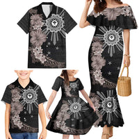 Hawaii and Philippines Together Family Matching Mermaid Dress and Hawaiian Shirt Hibiscus Flower and Sun Badge Polynesian Pattern Grayscale