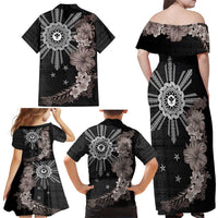 Hawaii and Philippines Together Family Matching Off Shoulder Maxi Dress and Hawaiian Shirt Hibiscus Flower and Sun Badge Polynesian Pattern Grayscale