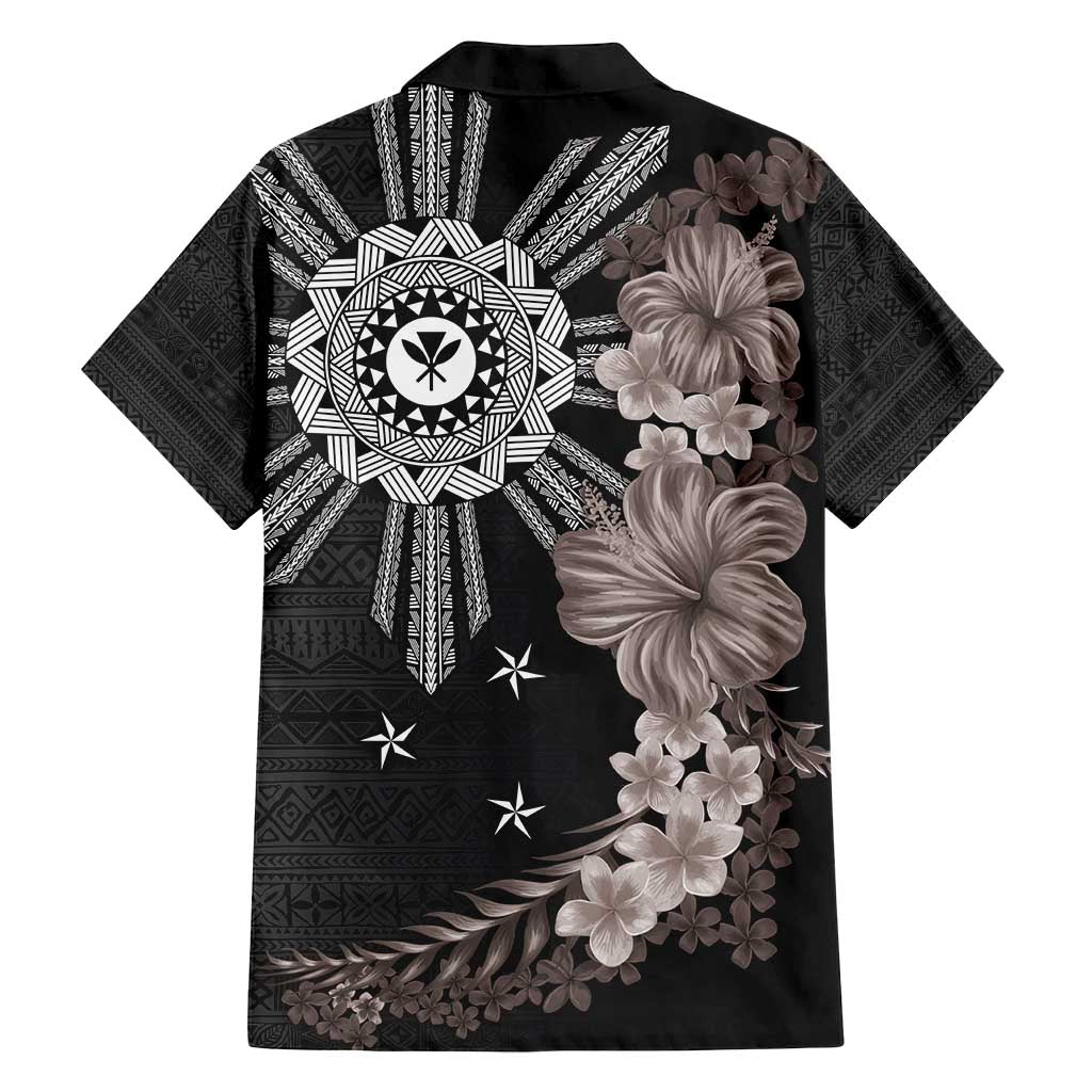 Hawaii and Philippines Together Family Matching Off Shoulder Maxi Dress and Hawaiian Shirt Hibiscus Flower and Sun Badge Polynesian Pattern Grayscale