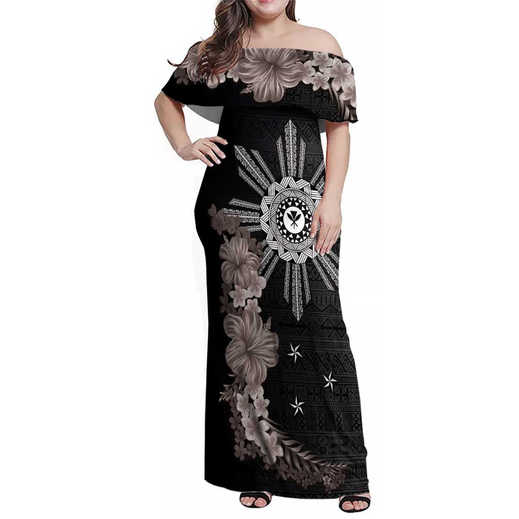 Hawaii and Philippines Together Family Matching Off Shoulder Maxi Dress and Hawaiian Shirt Hibiscus Flower and Sun Badge Polynesian Pattern Grayscale
