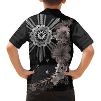 Hawaii and Philippines Together Family Matching Off Shoulder Short Dress and Hawaiian Shirt Hibiscus Flower and Sun Badge Polynesian Pattern Grayscale