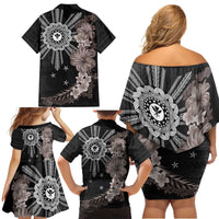 Hawaii and Philippines Together Family Matching Off Shoulder Short Dress and Hawaiian Shirt Hibiscus Flower and Sun Badge Polynesian Pattern Grayscale