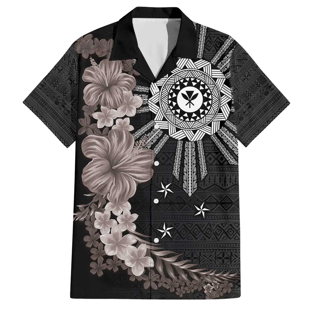 Hawaii and Philippines Together Family Matching Short Sleeve Bodycon Dress and Hawaiian Shirt Hibiscus Flower and Sun Badge Polynesian Pattern Grayscale