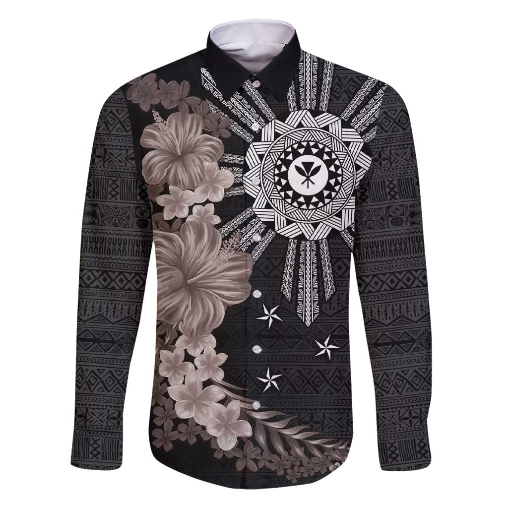 Hawaii and Philippines Together Family Matching Short Sleeve Bodycon Dress and Hawaiian Shirt Hibiscus Flower and Sun Badge Polynesian Pattern Grayscale