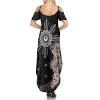 Hawaii and Philippines Together Family Matching Summer Maxi Dress and Hawaiian Shirt Hibiscus Flower and Sun Badge Polynesian Pattern Grayscale