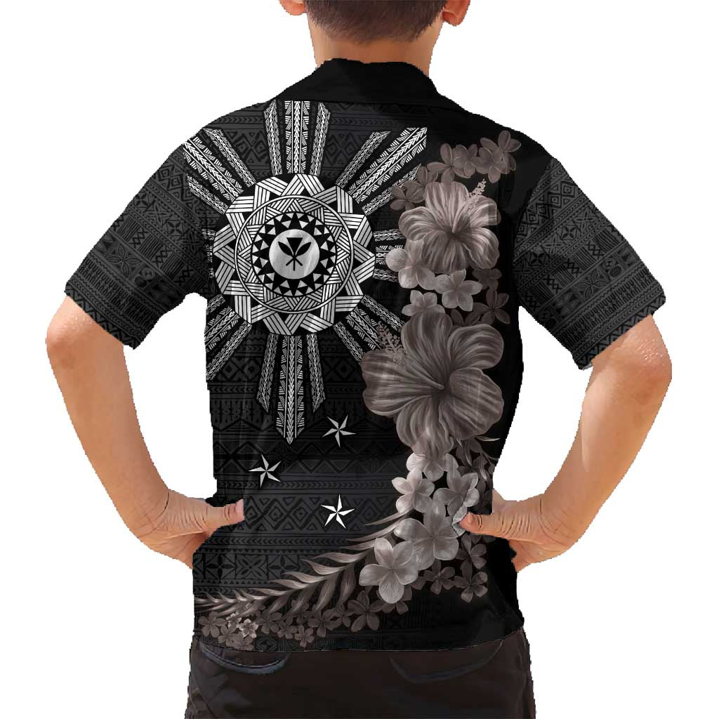 Hawaii and Philippines Together Family Matching Tank Maxi Dress and Hawaiian Shirt Hibiscus Flower and Sun Badge Polynesian Pattern Grayscale