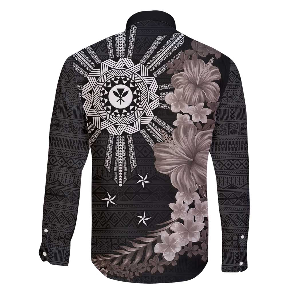 Hawaii and Philippines Together Family Matching Tank Maxi Dress and Hawaiian Shirt Hibiscus Flower and Sun Badge Polynesian Pattern Grayscale