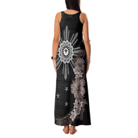 Hawaii and Philippines Together Family Matching Tank Maxi Dress and Hawaiian Shirt Hibiscus Flower and Sun Badge Polynesian Pattern Grayscale