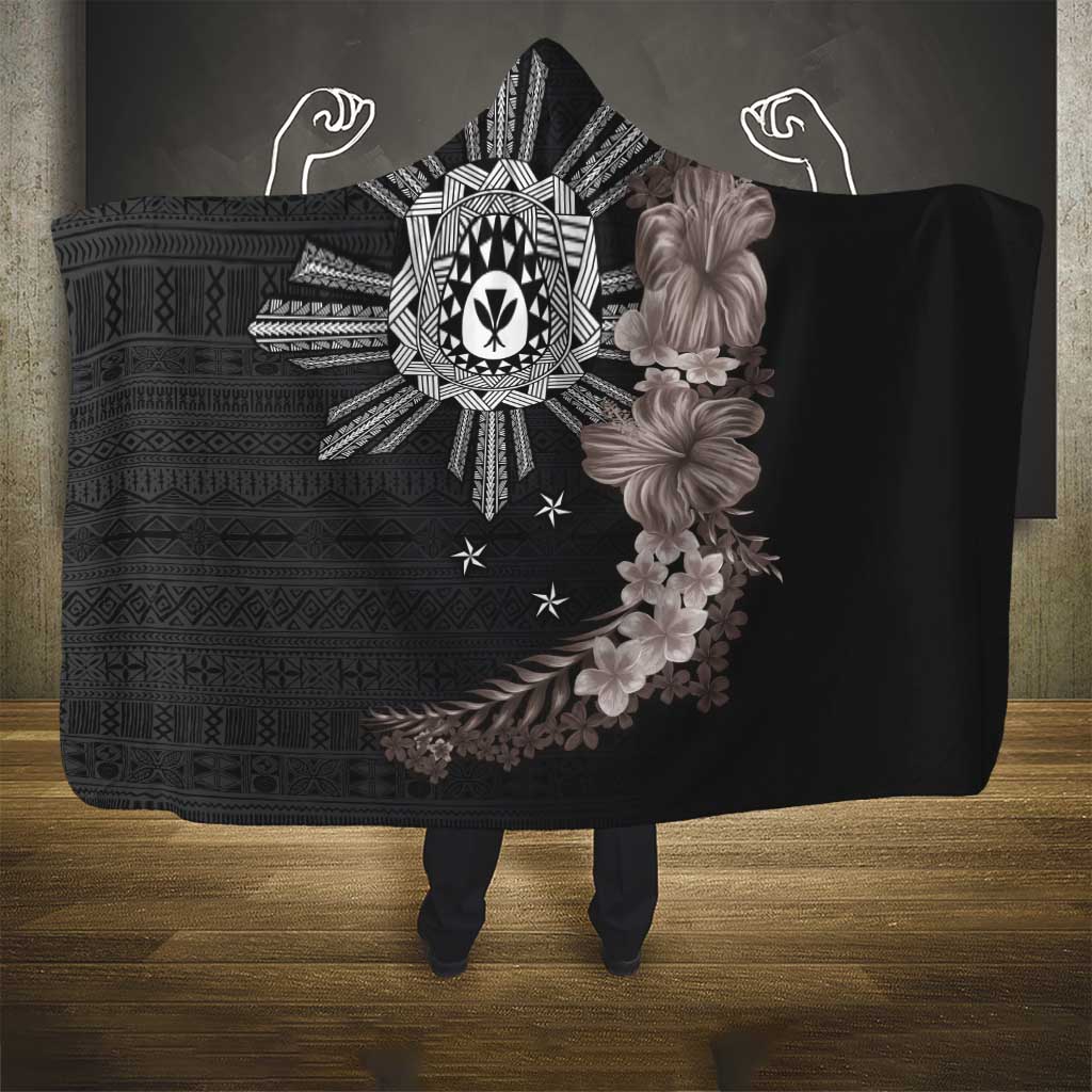 Hawaii and Philippines Together Hooded Blanket Hibiscus Flower and Sun Badge Polynesian Pattern Grayscale LT03 - Polynesian Pride