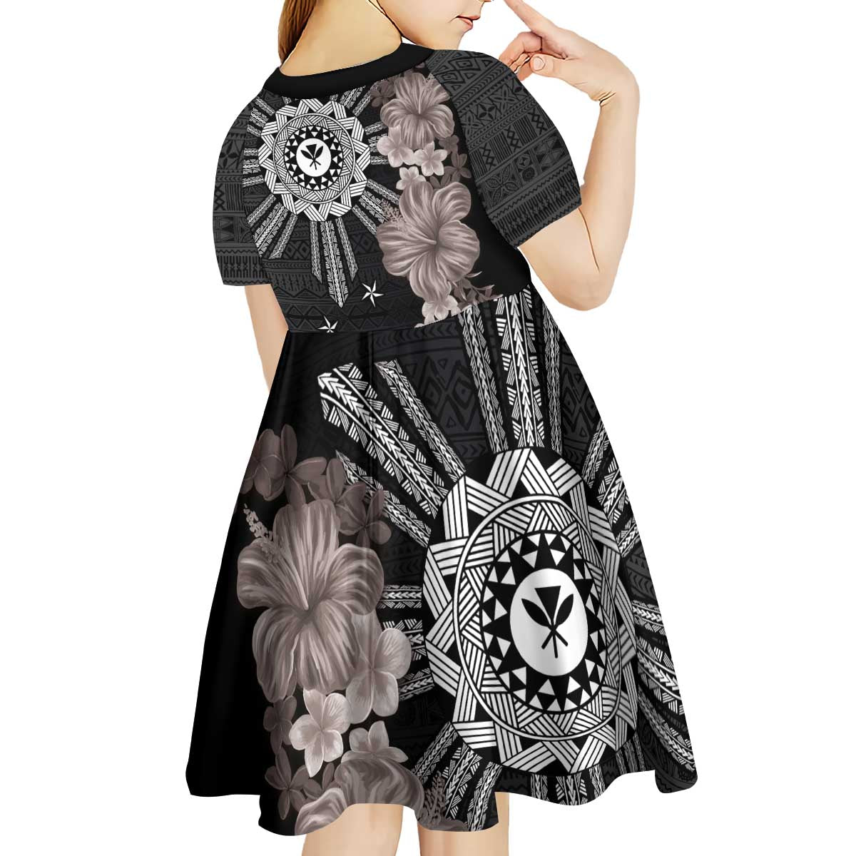 Hawaii and Philippines Together Kid Short Sleeve Dress Hibiscus Flower and Sun Badge Polynesian Pattern Grayscale