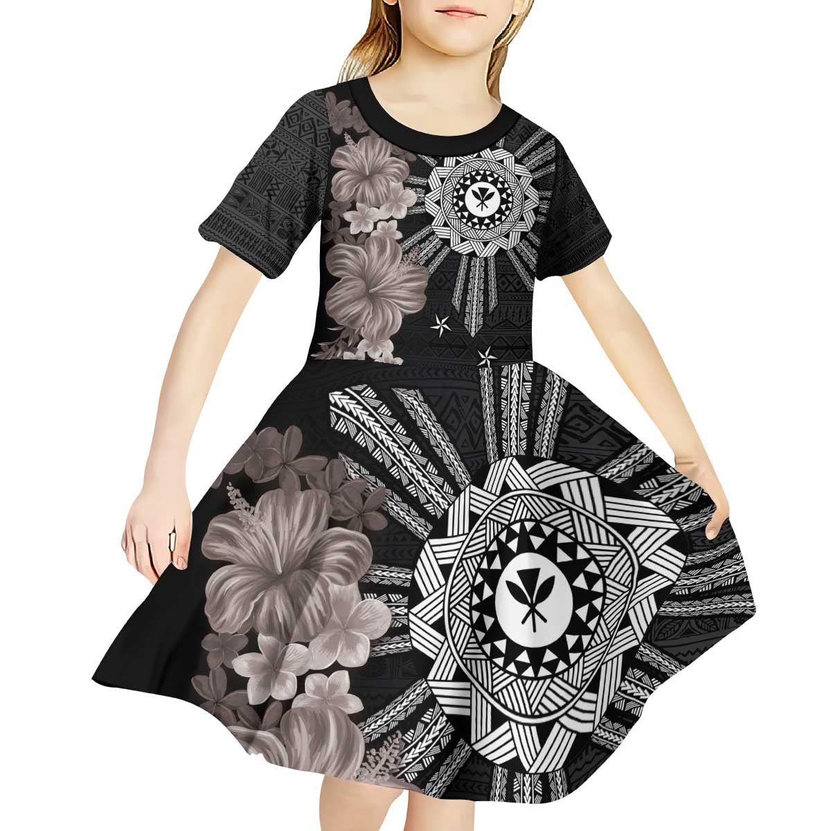 Hawaii and Philippines Together Kid Short Sleeve Dress Hibiscus Flower and Sun Badge Polynesian Pattern Grayscale