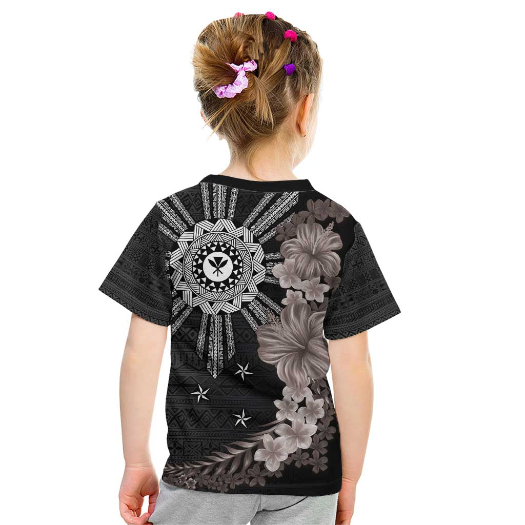 Hawaii and Philippines Together Kid T Shirt Hibiscus Flower and Sun Badge Polynesian Pattern Grayscale