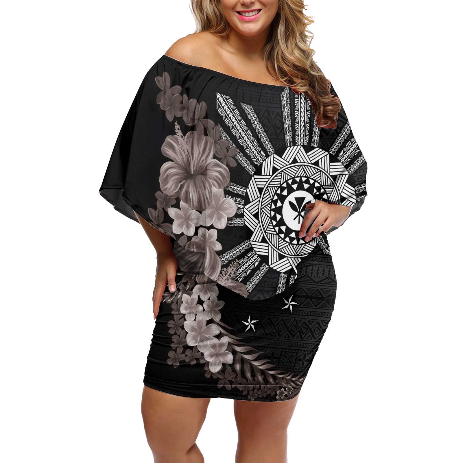 Hawaii and Philippines Together Off Shoulder Short Dress Hibiscus Flower and Sun Badge Polynesian Pattern Grayscale