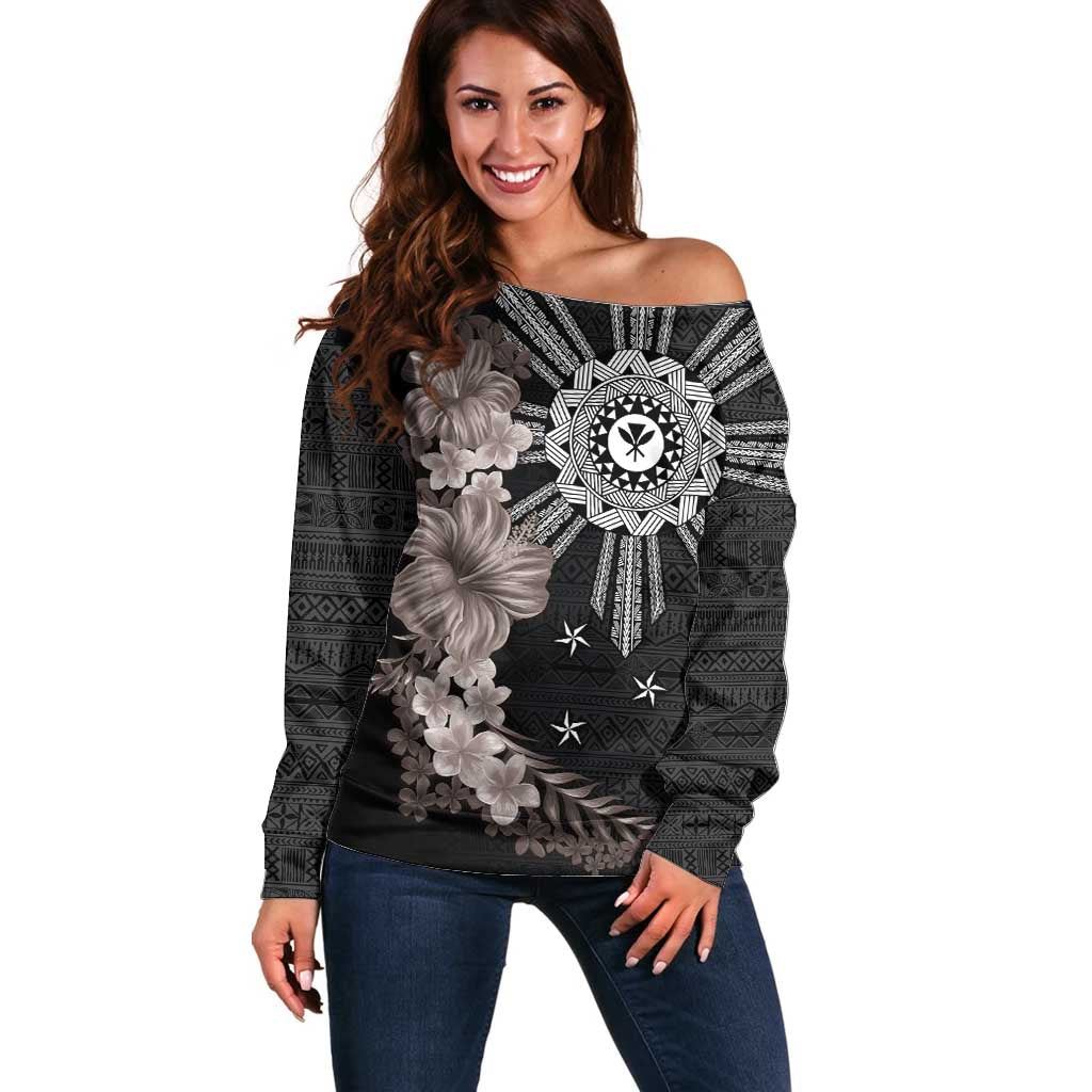 Hawaii and Philippines Together Off Shoulder Sweater Hibiscus Flower and Sun Badge Polynesian Pattern Grayscale