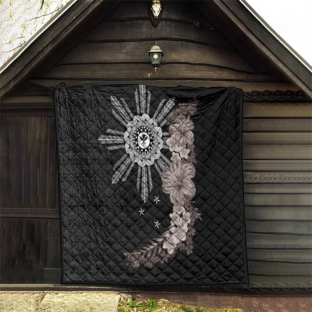 Hawaii and Philippines Together Quilt Hibiscus Flower and Sun Badge Polynesian Pattern Grayscale