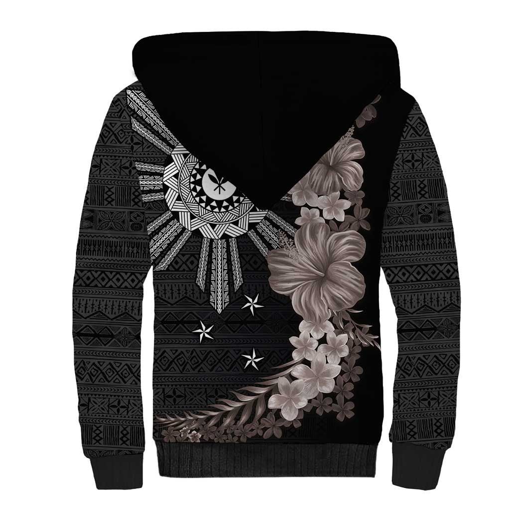 Hawaii and Philippines Together Sherpa Hoodie Hibiscus Flower and Sun Badge Polynesian Pattern Grayscale