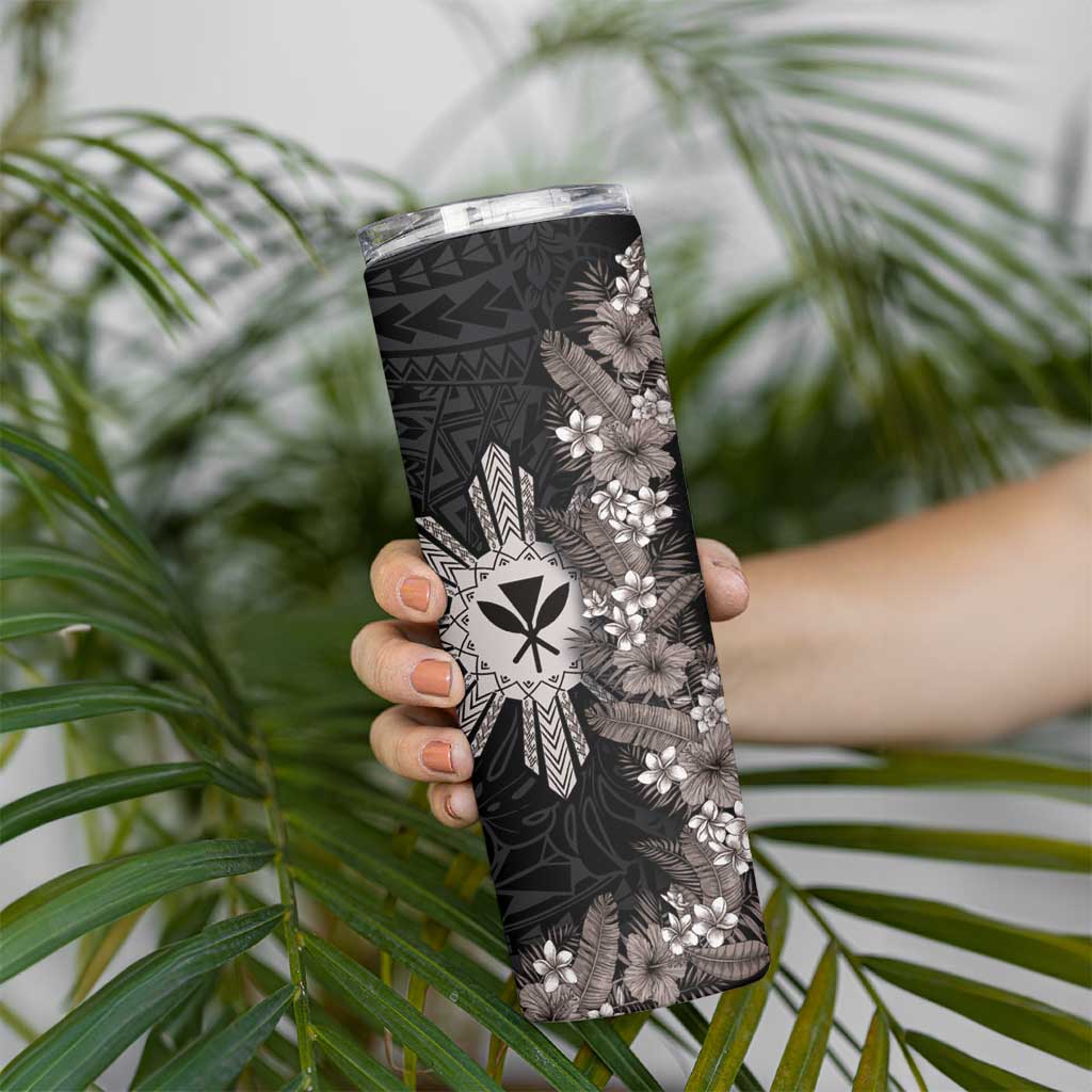 Hawaii and Philippines Together Skinny Tumbler Hibiscus Flower and Sun Badge Polynesian Pattern Grayscale LT03 - Polynesian Pride