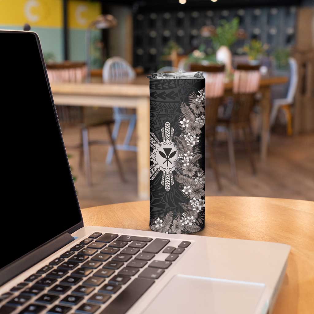 Hawaii and Philippines Together Skinny Tumbler Hibiscus Flower and Sun Badge Polynesian Pattern Grayscale LT03 - Polynesian Pride