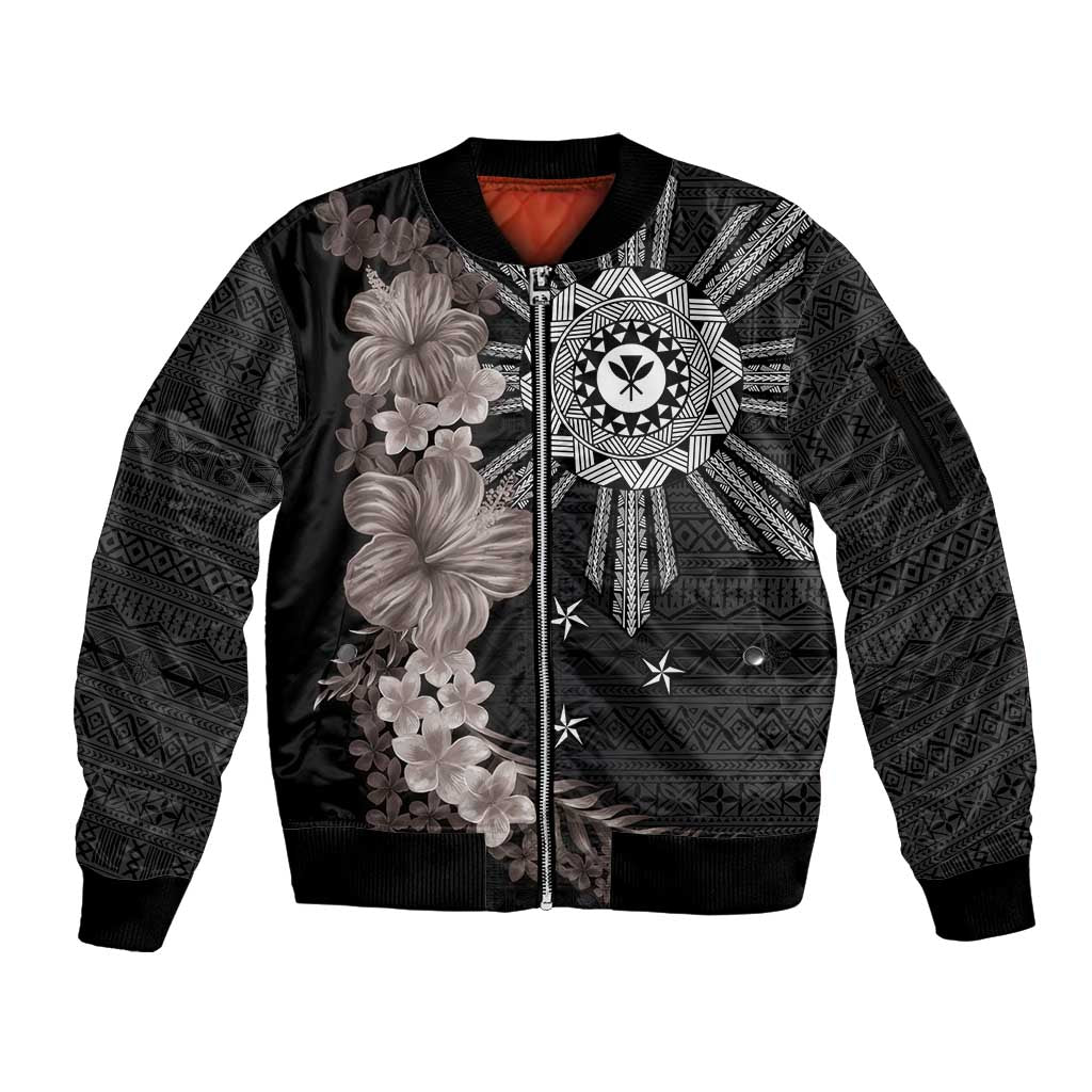 Hawaii and Philippines Together Sleeve Zip Bomber Jacket Hibiscus Flower and Sun Badge Polynesian Pattern Grayscale