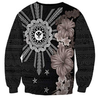 Hawaii and Philippines Together Sweatshirt Hibiscus Flower and Sun Badge Polynesian Pattern Grayscale