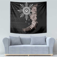 Hawaii and Philippines Together Tapestry Hibiscus Flower and Sun Badge Polynesian Pattern Grayscale