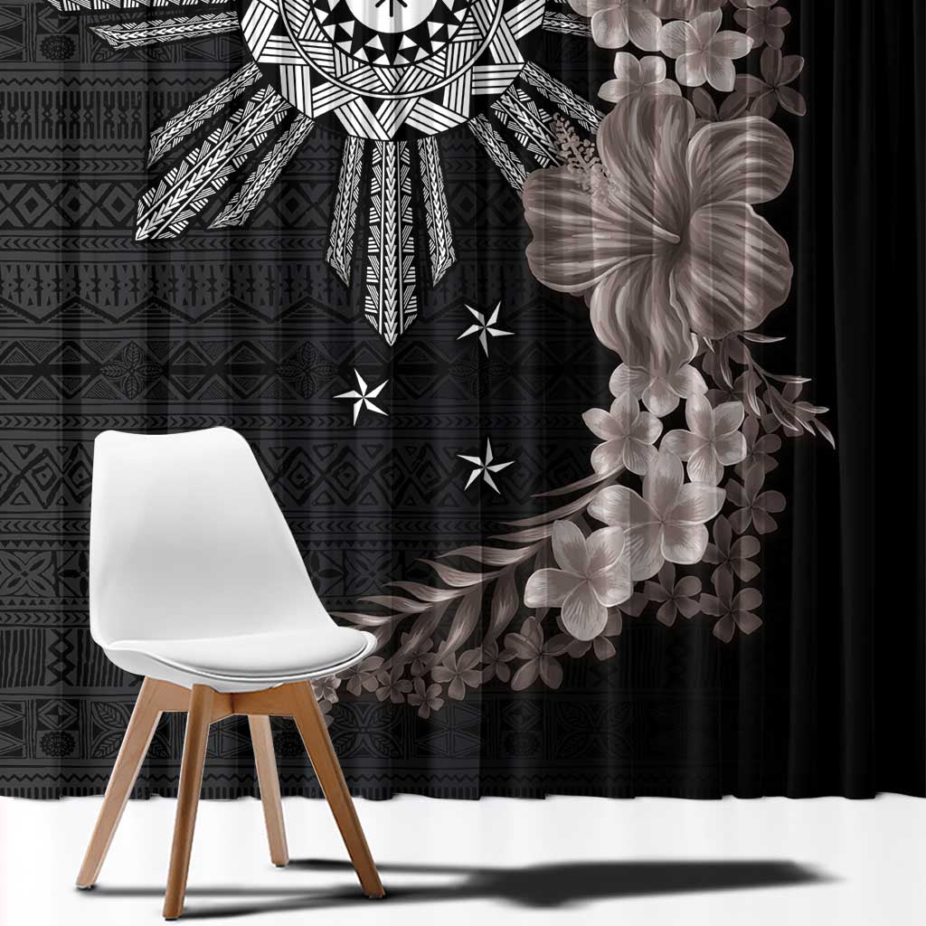 Hawaii and Philippines Together Window Curtain Hibiscus Flower and Sun Badge Polynesian Pattern Grayscale