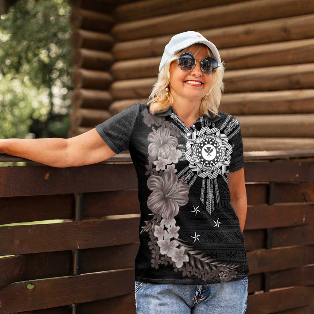 Hawaii and Philippines Together Women Polo Shirt Hibiscus Flower and Sun Badge Polynesian Pattern Grayscale