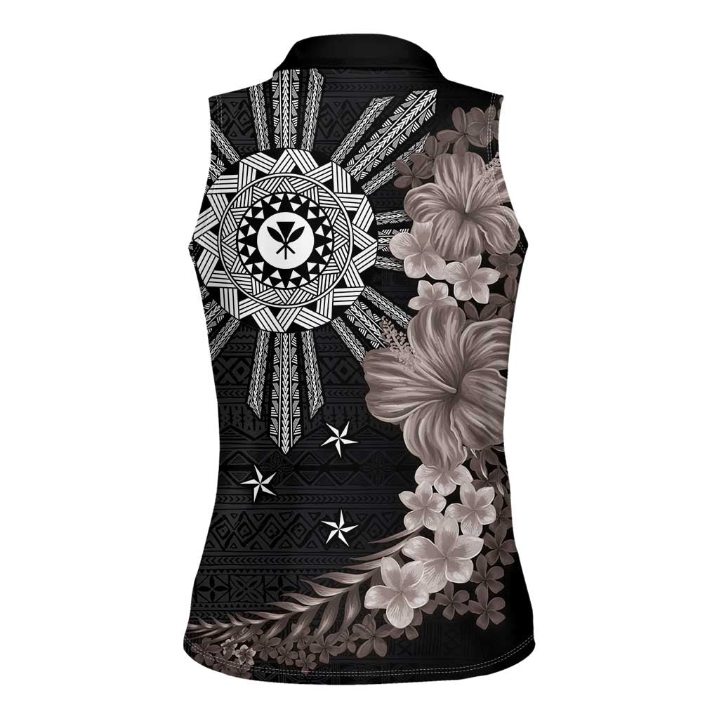 Hawaii and Philippines Together Women Sleeveless Polo Shirt Hibiscus Flower and Sun Badge Polynesian Pattern Grayscale