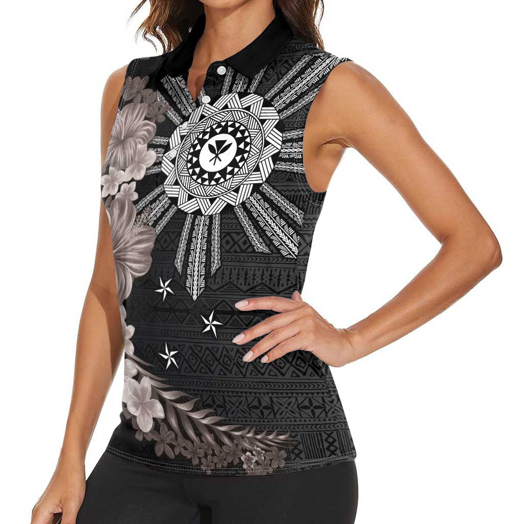 Hawaii and Philippines Together Women Sleeveless Polo Shirt Hibiscus Flower and Sun Badge Polynesian Pattern Grayscale