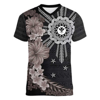 Hawaii and Philippines Together Women V-Neck T-Shirt Hibiscus Flower and Sun Badge Polynesian Pattern Grayscale
