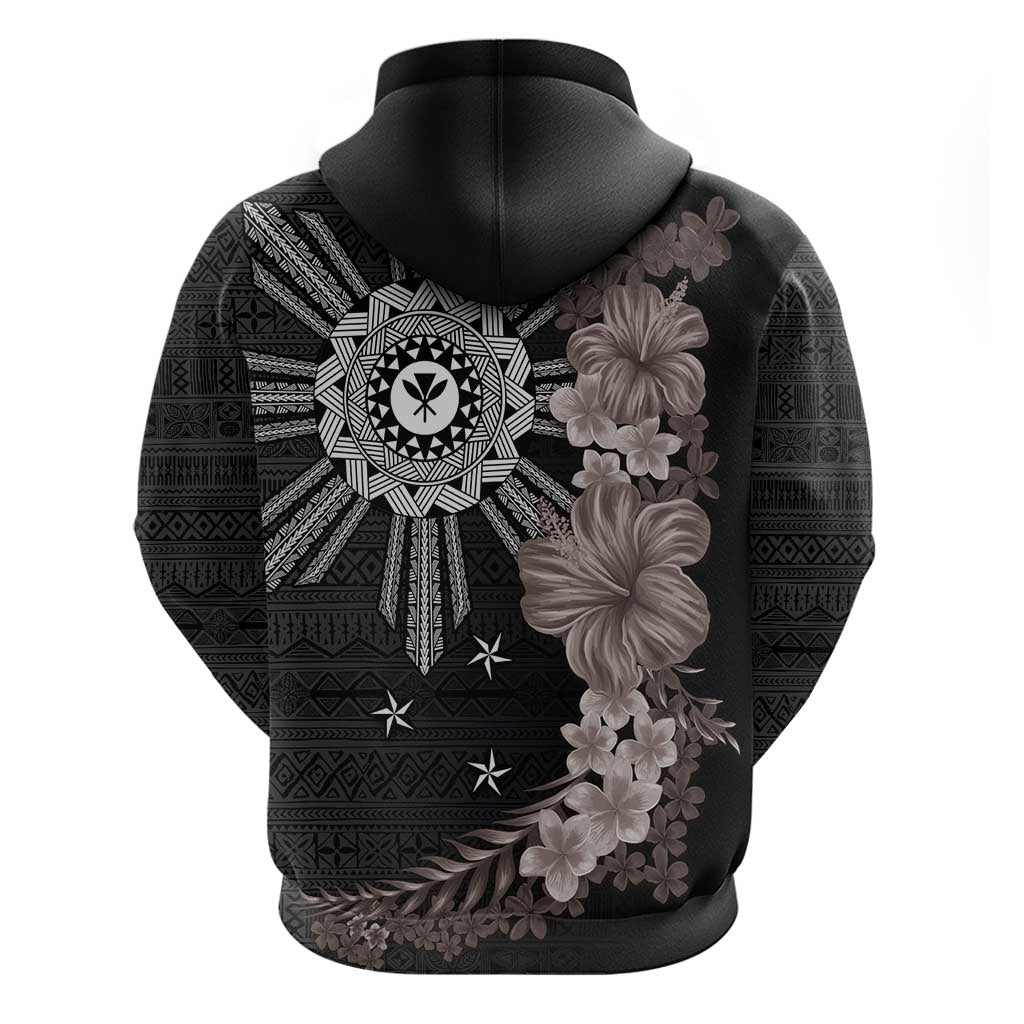 Hawaii and Philippines Together Zip Hoodie Hibiscus Flower and Sun Badge Polynesian Pattern Grayscale