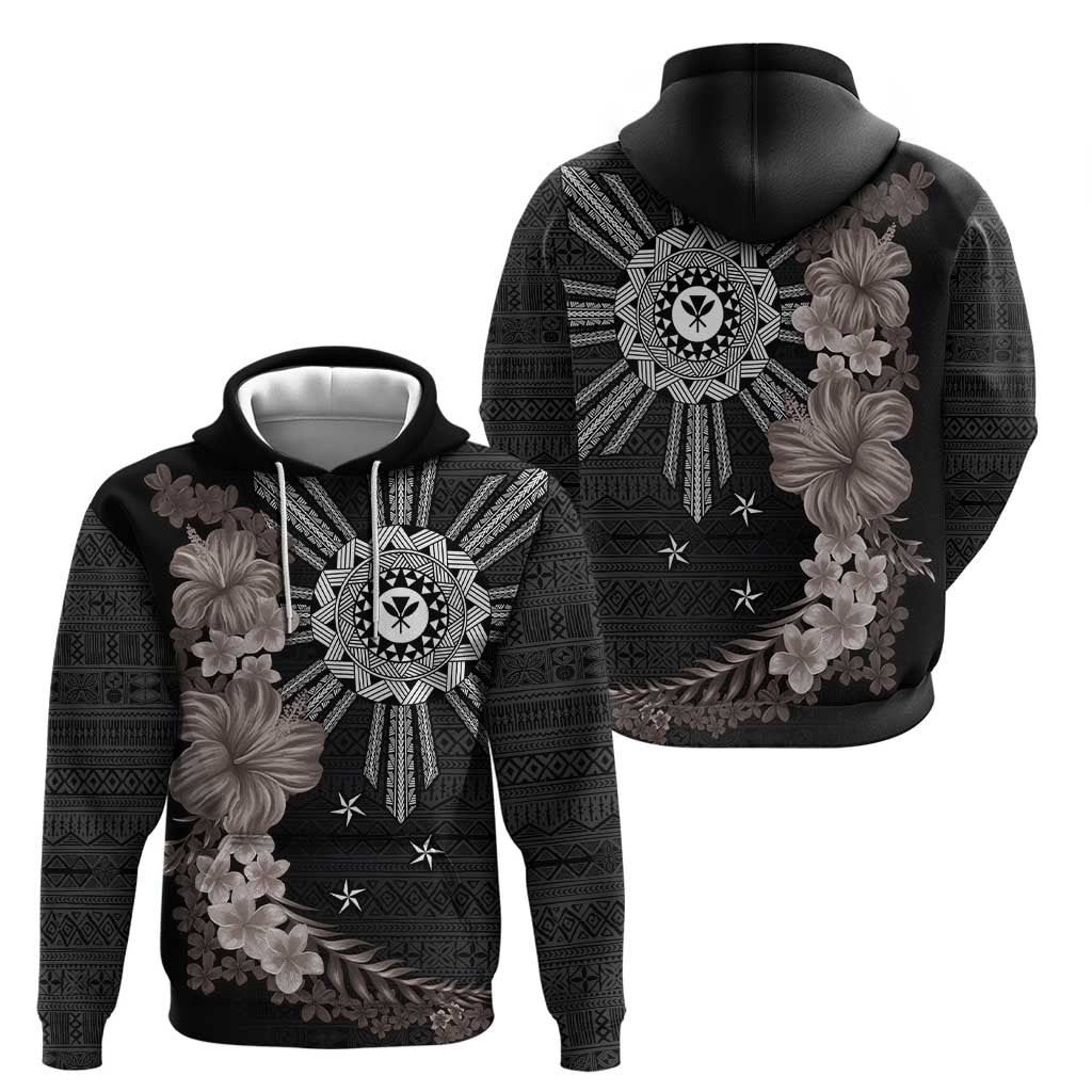 Hawaii and Philippines Together Zip Hoodie Hibiscus Flower and Sun Badge Polynesian Pattern Grayscale