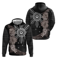 Hawaii and Philippines Together Zip Hoodie Hibiscus Flower and Sun Badge Polynesian Pattern Grayscale