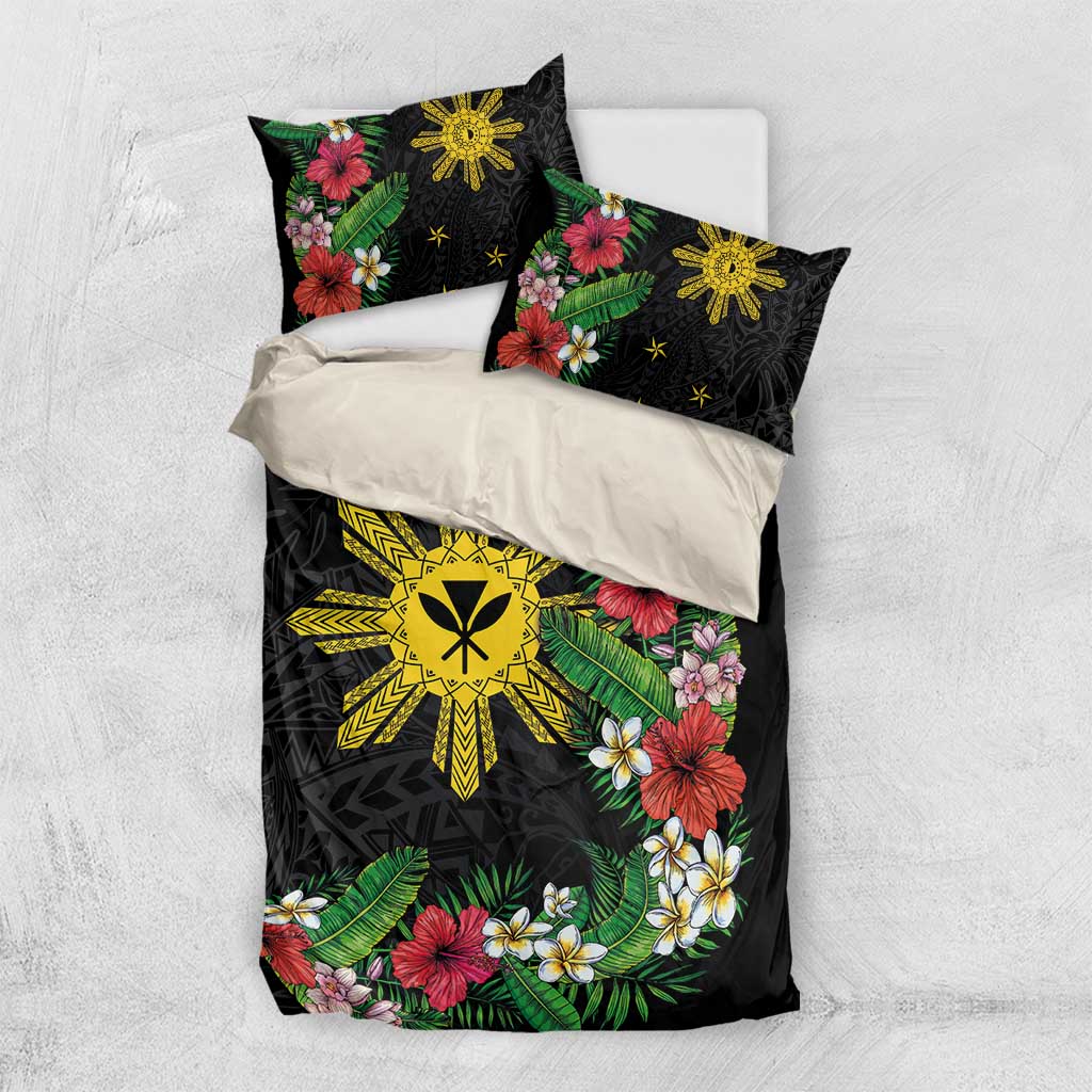 Tropical Hawaii and Philippines Bedding Set Kanaka Maoli and Sun Badge Batok Tattoo Colorful