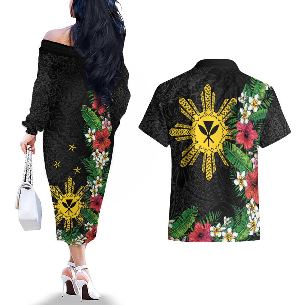 Tropical Hawaii and Philippines Couples Matching Off The Shoulder Long Sleeve Dress and Hawaiian Shirt Kanaka Maoli and Sun Badge Batok Tattoo Colorful