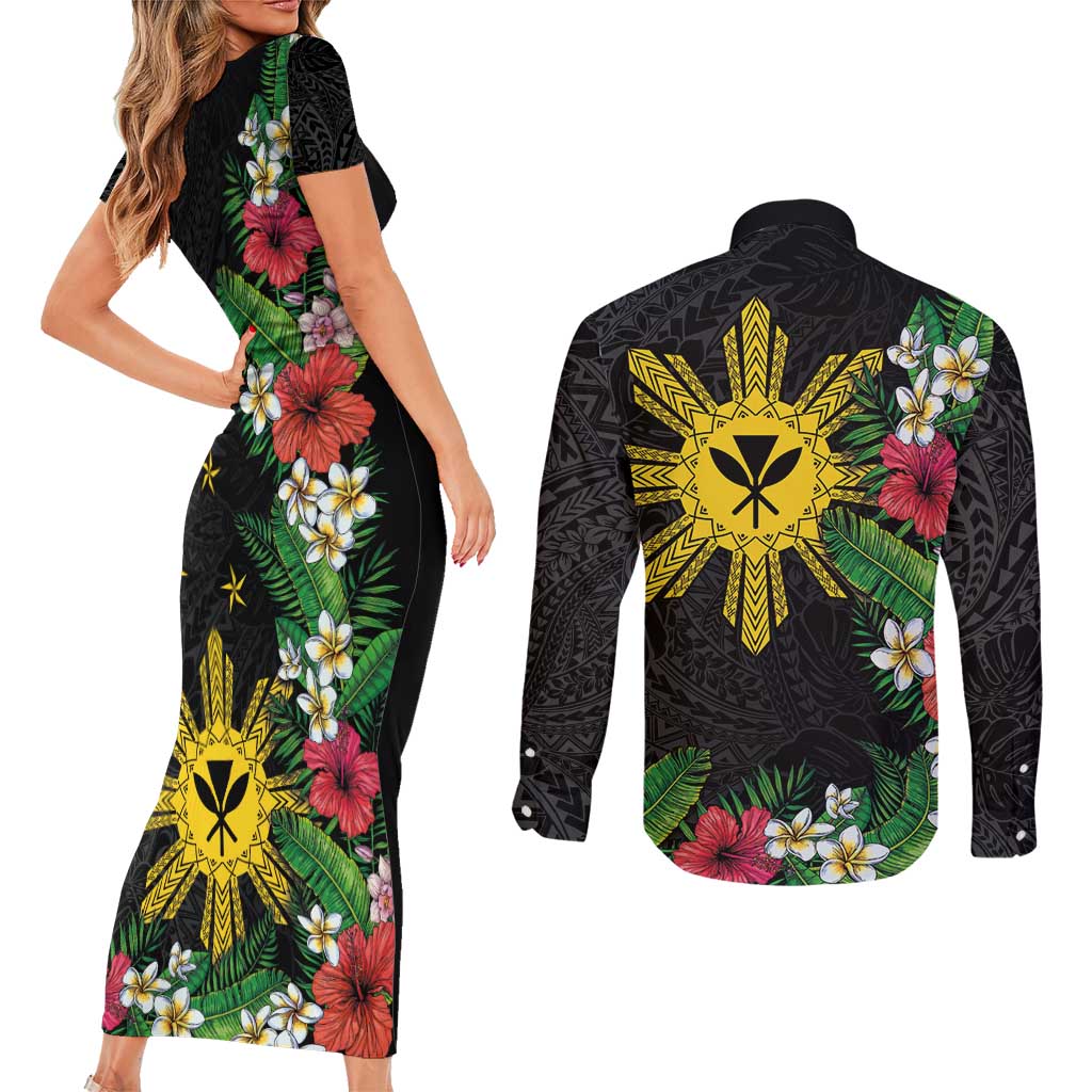 Tropical Hawaii and Philippines Couples Matching Short Sleeve Bodycon Dress and Long Sleeve Button Shirt Kanaka Maoli and Sun Badge Batok Tattoo Colorful