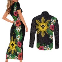 Tropical Hawaii and Philippines Couples Matching Short Sleeve Bodycon Dress and Long Sleeve Button Shirt Kanaka Maoli and Sun Badge Batok Tattoo Colorful