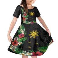 Tropical Hawaii and Philippines Family Matching Long Sleeve Bodycon Dress and Hawaiian Shirt Kanaka Maoli and Sun Badge Batok Tattoo Colorful