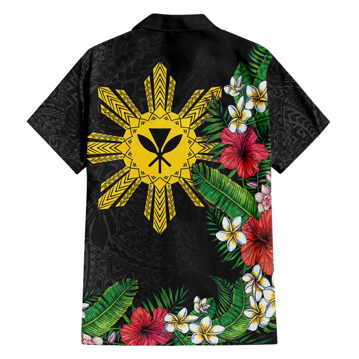 Tropical Hawaii and Philippines Family Matching Off The Shoulder Long Sleeve Dress and Hawaiian Shirt Kanaka Maoli and Sun Badge Batok Tattoo Colorful