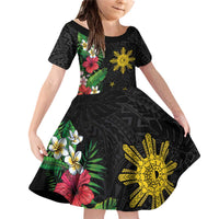 Tropical Hawaii and Philippines Family Matching Off Shoulder Short Dress and Hawaiian Shirt Kanaka Maoli and Sun Badge Batok Tattoo Colorful