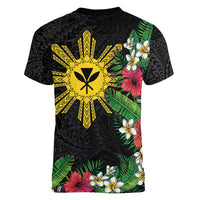 Tropical Hawaii and Philippines Women V-Neck T-Shirt Kanaka Maoli and Sun Badge Batok Tattoo Colorful