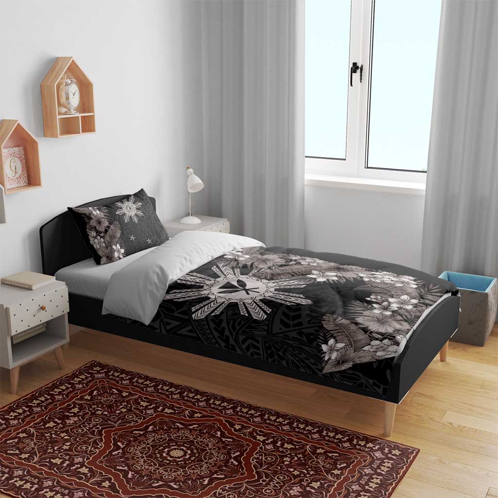 Tropical Hawaii and Philippines Bedding Set Kanaka Maoli and Sun Badge Batok Tattoo Grayscale