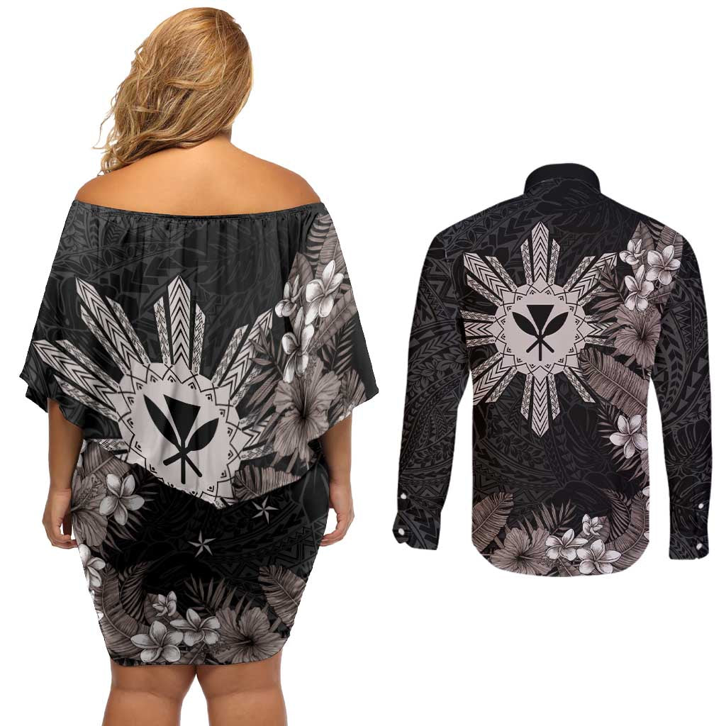 Tropical Hawaii and Philippines Couples Matching Off Shoulder Short Dress and Long Sleeve Button Shirt Kanaka Maoli and Sun Badge Batok Tattoo Grayscale
