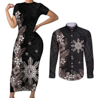 Tropical Hawaii and Philippines Couples Matching Short Sleeve Bodycon Dress and Long Sleeve Button Shirt Kanaka Maoli and Sun Badge Batok Tattoo Grayscale