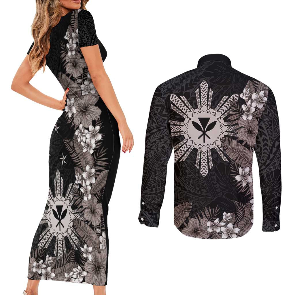 Tropical Hawaii and Philippines Couples Matching Short Sleeve Bodycon Dress and Long Sleeve Button Shirt Kanaka Maoli and Sun Badge Batok Tattoo Grayscale