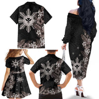 Tropical Hawaii and Philippines Family Matching Off The Shoulder Long Sleeve Dress and Hawaiian Shirt Kanaka Maoli and Sun Badge Batok Tattoo Grayscale