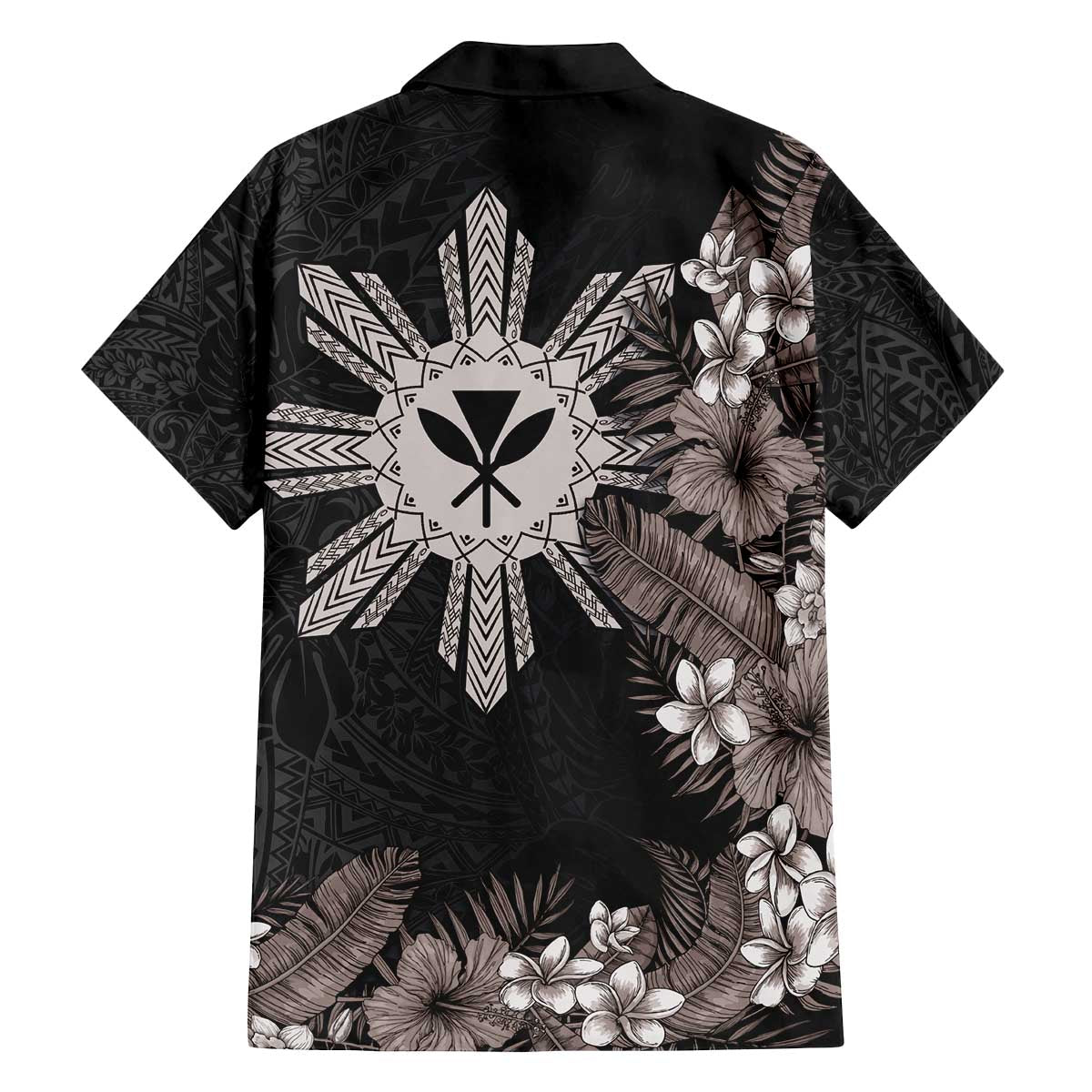 Tropical Hawaii and Philippines Family Matching Off The Shoulder Long Sleeve Dress and Hawaiian Shirt Kanaka Maoli and Sun Badge Batok Tattoo Grayscale