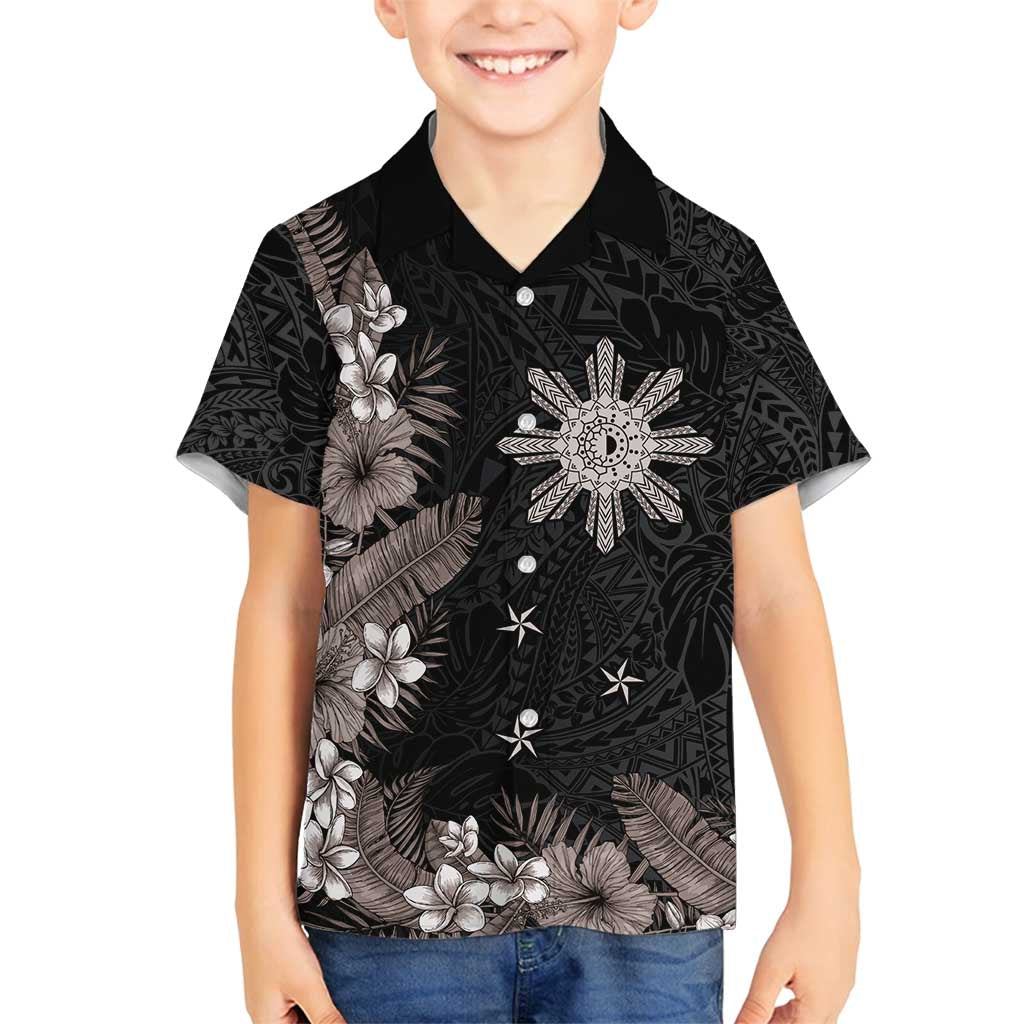 Tropical Hawaii and Philippines Family Matching Off Shoulder Maxi Dress and Hawaiian Shirt Kanaka Maoli and Sun Badge Batok Tattoo Grayscale