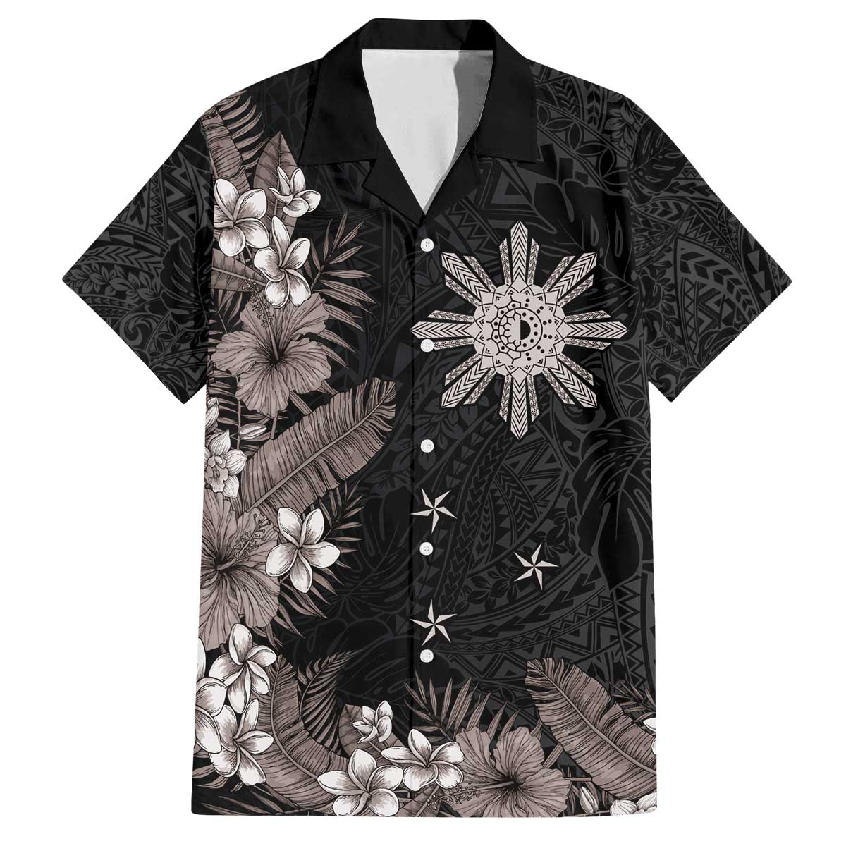 Tropical Hawaii and Philippines Family Matching Off Shoulder Short Dress and Hawaiian Shirt Kanaka Maoli and Sun Badge Batok Tattoo Grayscale