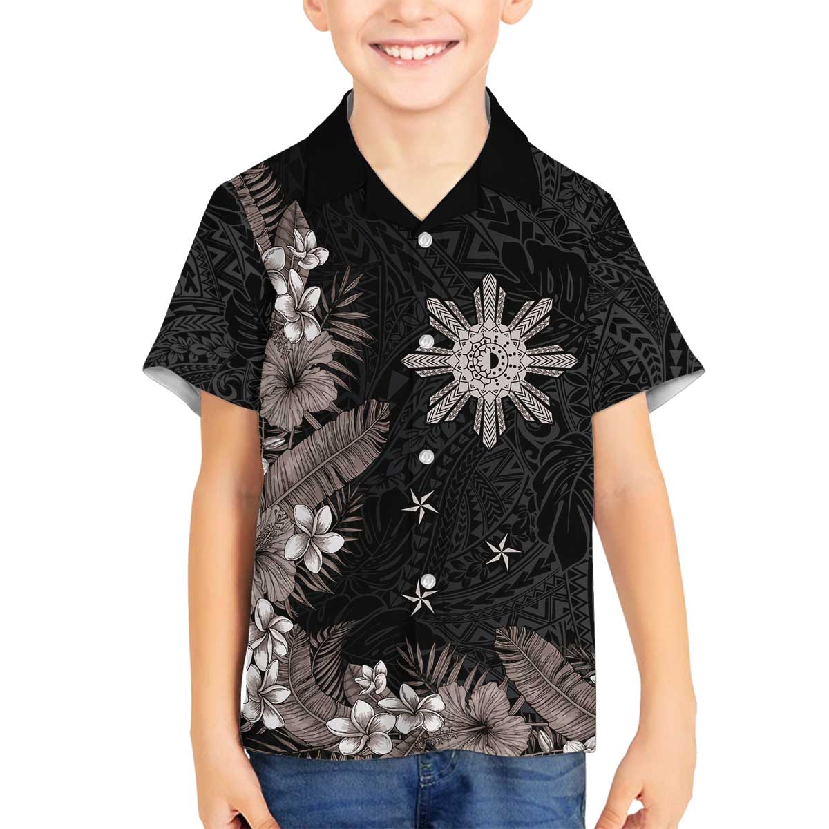 Tropical Hawaii and Philippines Family Matching Off Shoulder Short Dress and Hawaiian Shirt Kanaka Maoli and Sun Badge Batok Tattoo Grayscale